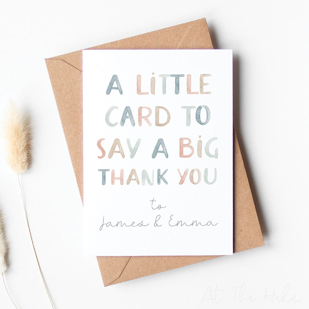 A card that reads "A little card to say a big thank you to James & Emma" - personalised cards from At The Helm NZ