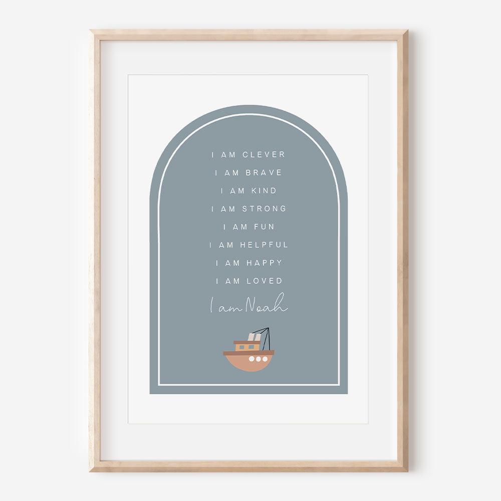 Children's Personalised Affirmation Plaque Print - Vehicles - Blue Boat - At The Helm NZ