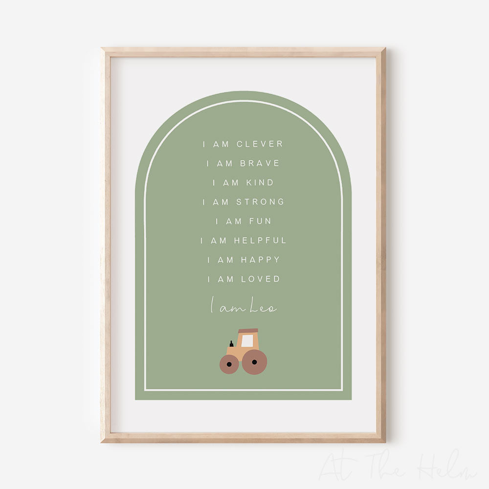 Children's Personalised Affirmation Plaque Print - Vehicles - Green Tractor - At The Helm NZ