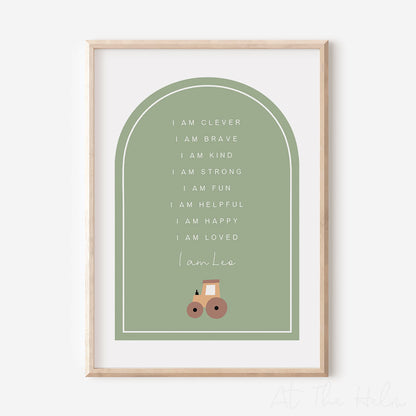 Children's Personalised Affirmation Plaque Print - Vehicles - Green Tractor - At The Helm NZ