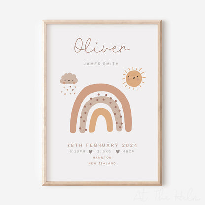 Gender neutral Boho Rainbow Custom Birth Detail Print