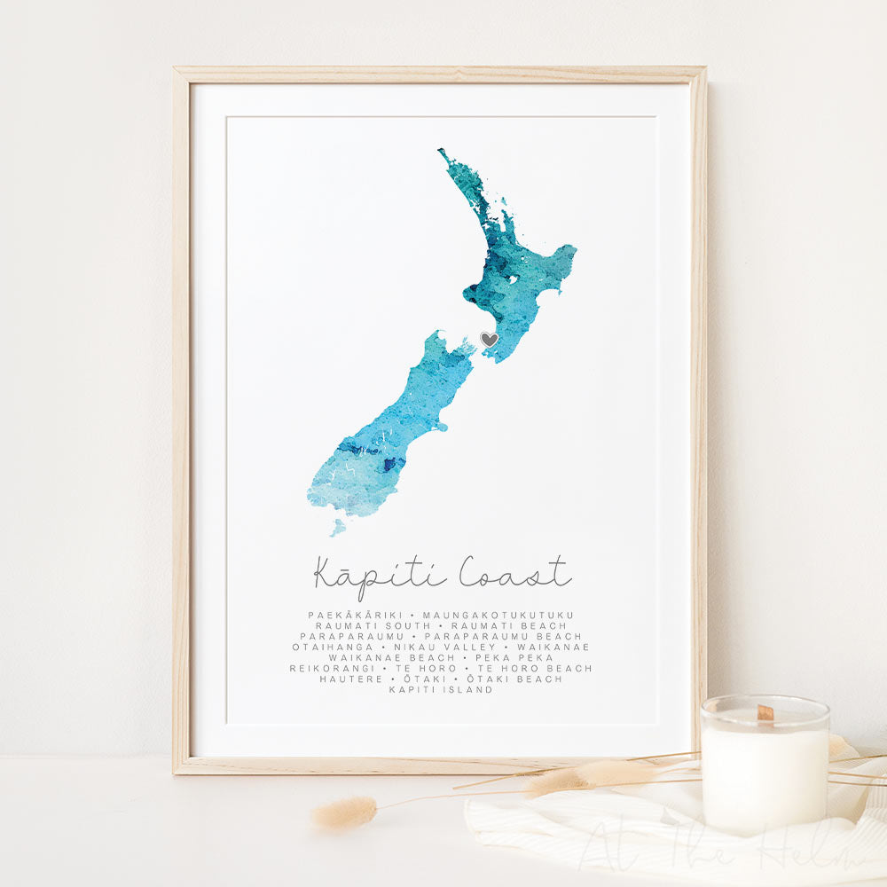 Kāpiti Coast Love Map Print - Watercolour Blues - At The Helm NZ