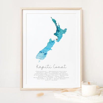 Kāpiti Coast Love Map Print - Watercolour Blues - At The Helm NZ