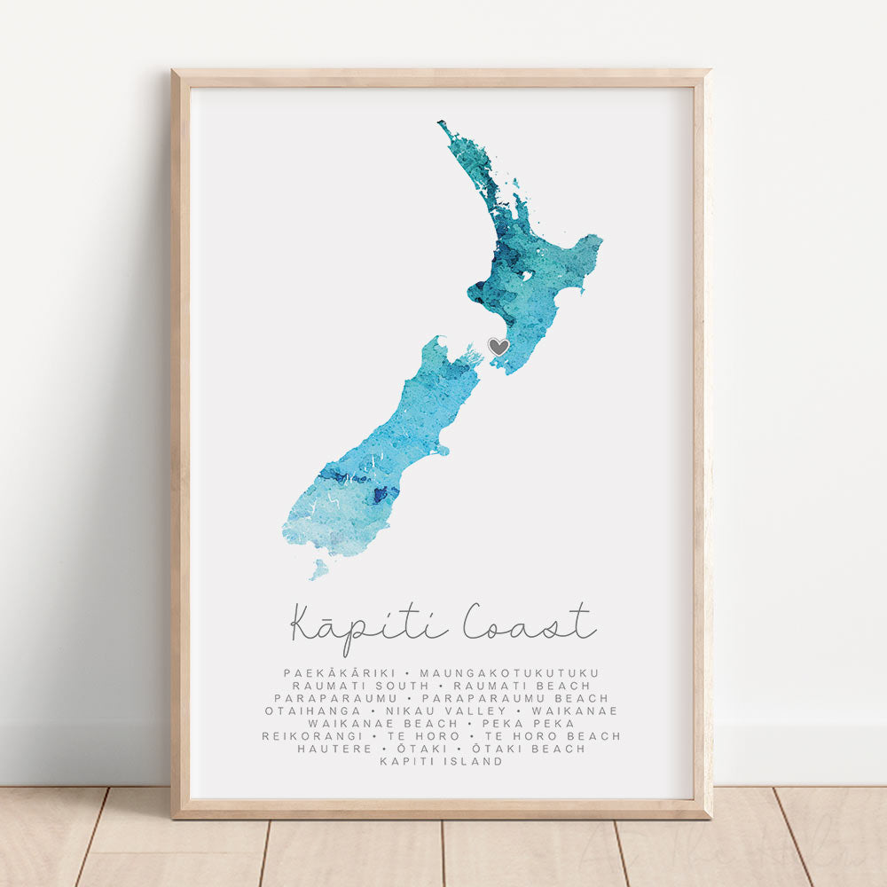 Kāpiti Coast Love Map Print - Watercolour Blues - At The Helm NZ