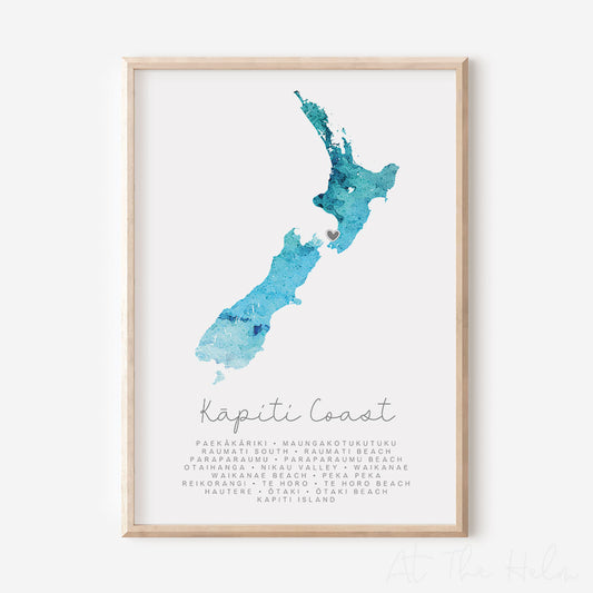 Kāpiti Coast Love Map Print - Watercolour Blues - At The Helm NZ