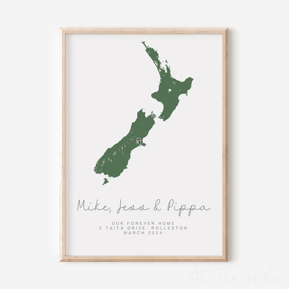 NZ Map New Home Print - Green - At The Helm NZ