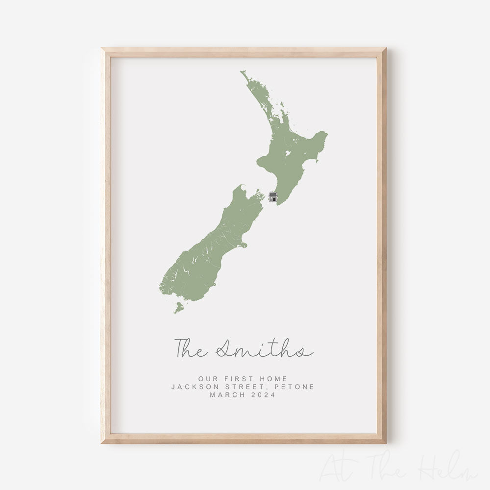 NZ Map New Home Print - Sage green - At The Helm NZ