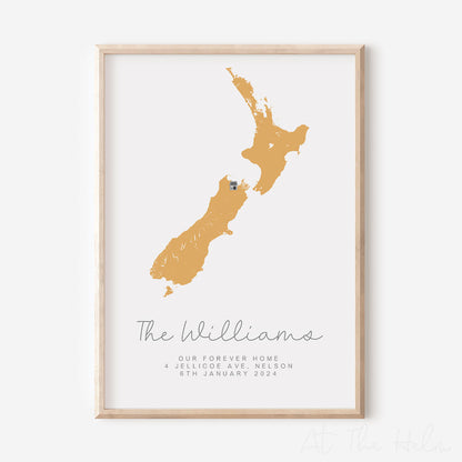 NZ Map New Home Print - yellow - At The Helm NZ