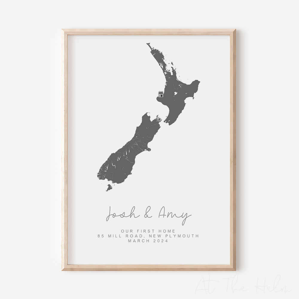 NZ Map New Home Print - Grey - At The Helm NZ