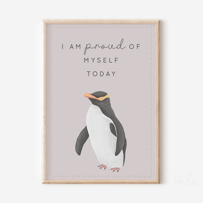 Penguin Affirmation Print that reads - "I am proud of myself today" - At The Helm NZ