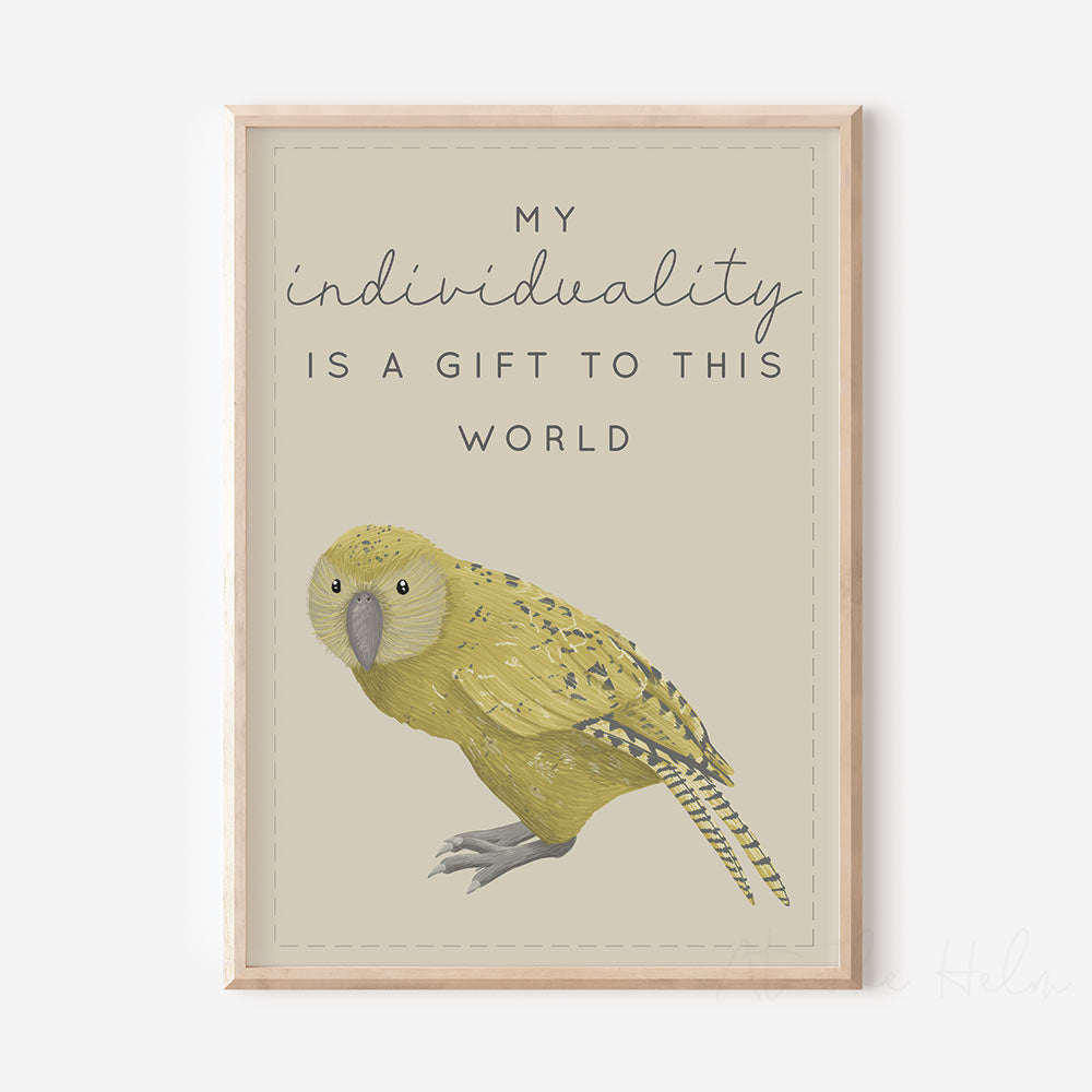 Kakapo Bird Affirmation Print Poster that reads - " my individuality is a gift to this world" - At The Helm NZ