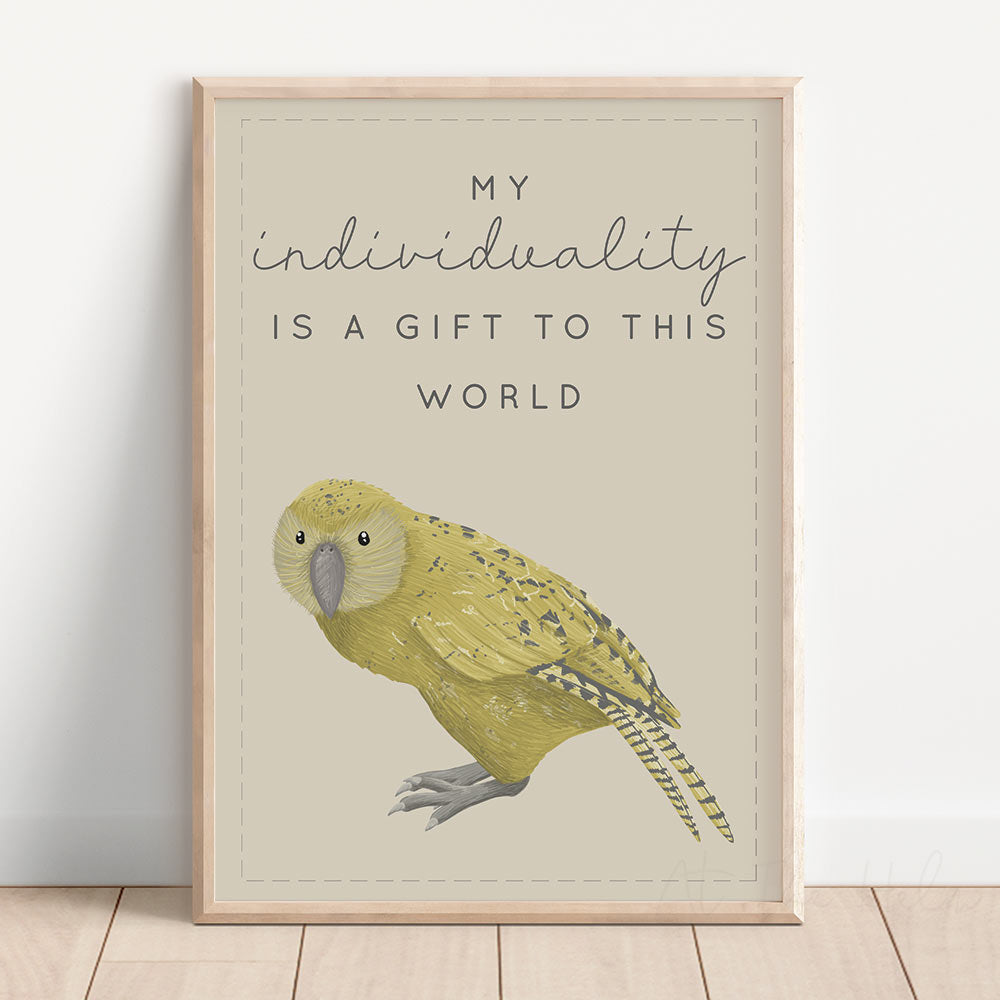 NZ Kakapo Bird Affirmation Print that reads - " my individuality is a gift to this world" The Helm NZ