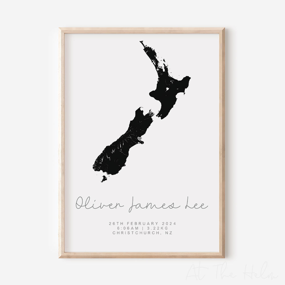 Map Of New Zealand Personalised Birth Print