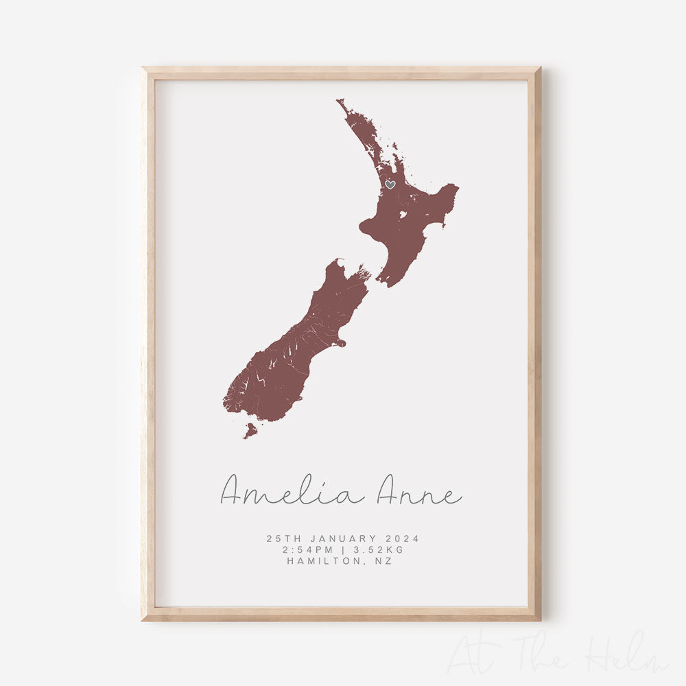 Map Of New Zealand Personalised Birth Print