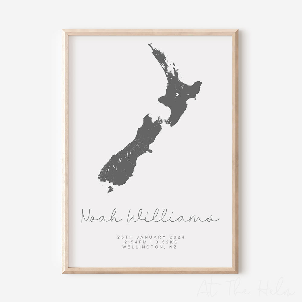 Map Of New Zealand Personalised Birth Print