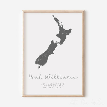 Map Of New Zealand Personalised Birth Print