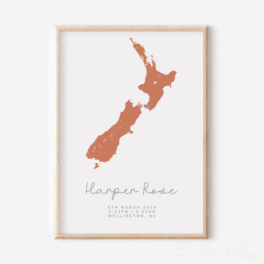 Map Of New Zealand Personalised Birth Print