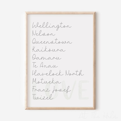 Custom Favourite NZ Place Names Print