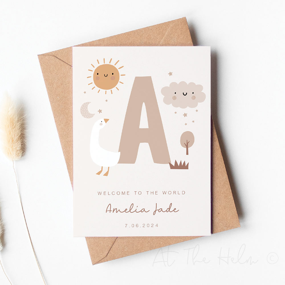 Personalised New Baby Sunshine Greeting Card - Personalised with the letter A