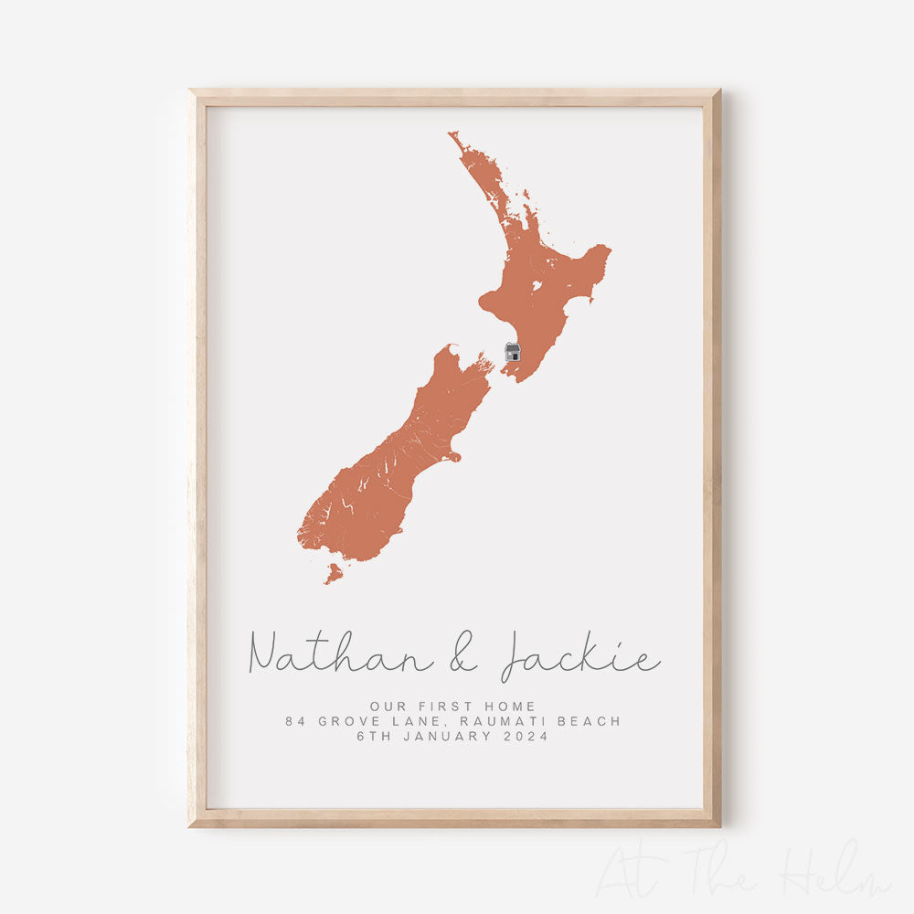 NZ Map New Home Print - Orange - At The Helm NZ