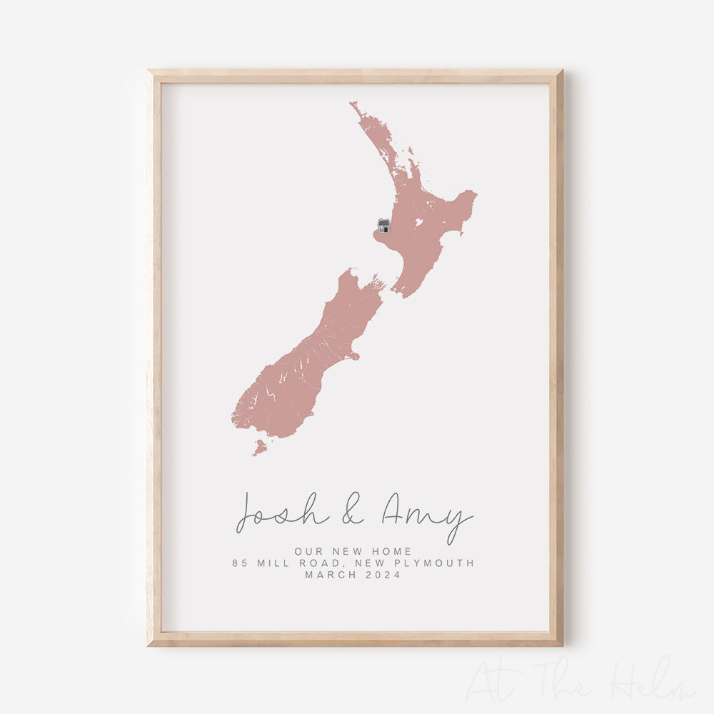 NZ Map New Home Print - Pink - At The Helm NZ