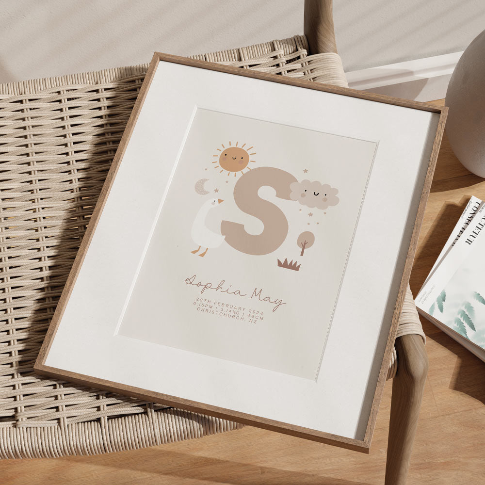 Natural Nursery Custom Birth Detail Print Keepsake - At The Helm NZ