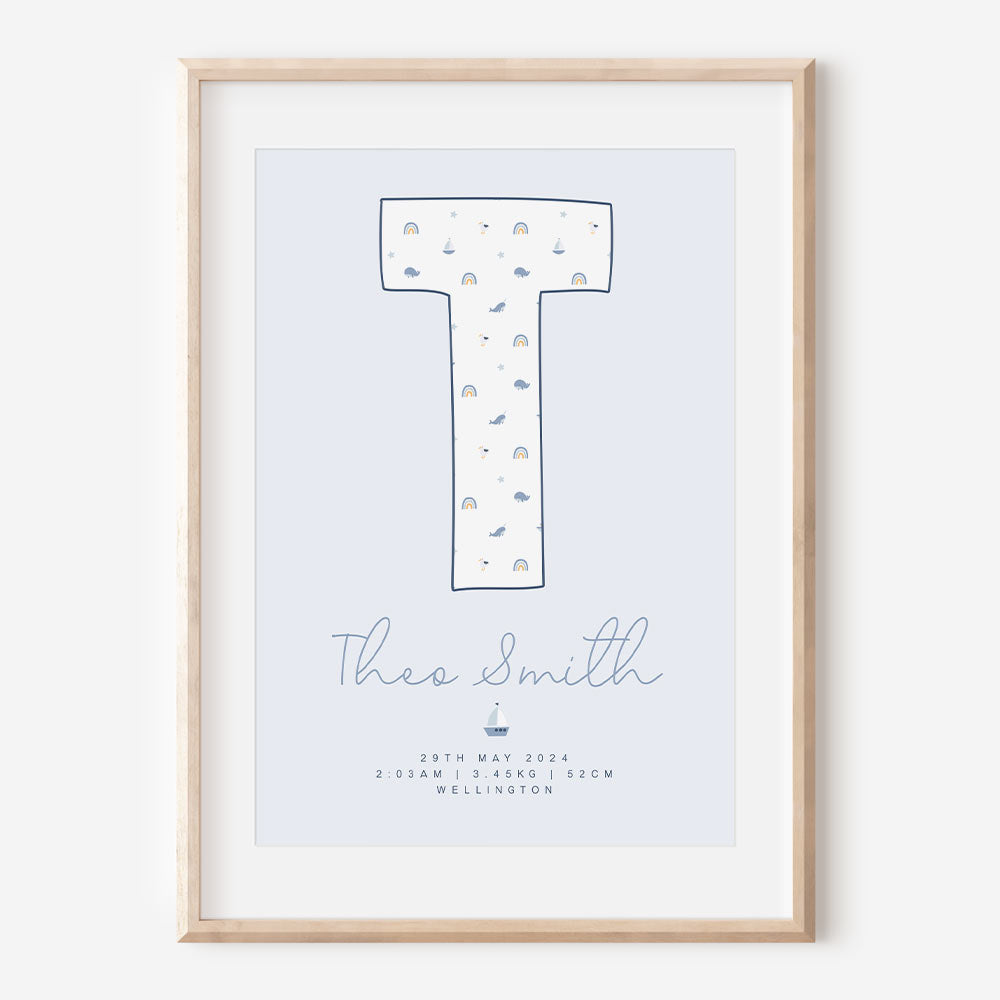 Beside The Sea - Letter T - Birth Details Print from At The Helm NZ