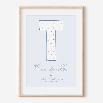 Beside The Sea - Letter T - Birth Details Print from At The Helm NZ