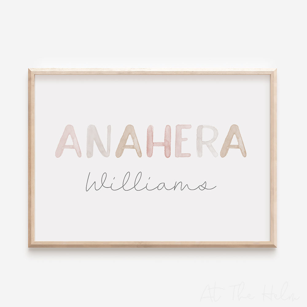 Watercolour Name Print - Pink Colours - At The Helm NZ