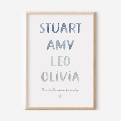 Watercolour Family member name print in 4 different colours - At The Helm NZ