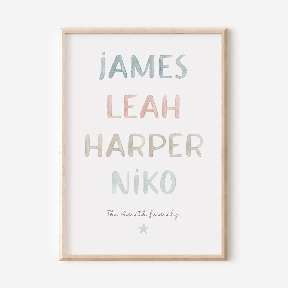 Watercolour Family member name print in 4 different colours - At The Helm NZ