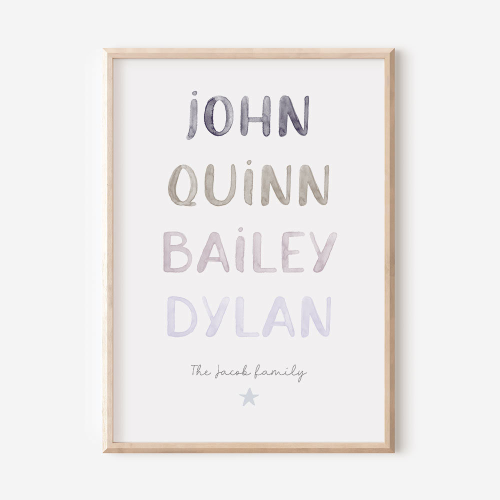 Watercolour Family member name print in 4 different colours - At The Helm NZ