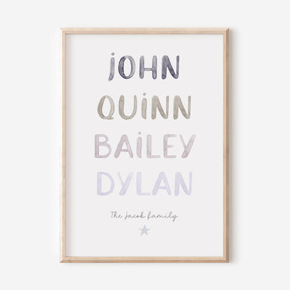 Watercolour Family member name print in 4 different colours - At The Helm NZ