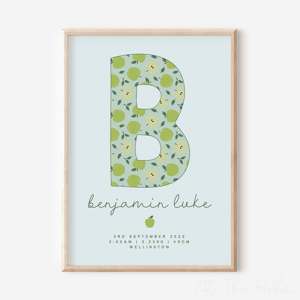 Apple Initial Birth Detail Keepsake Print - Blue - At the Helm NZ