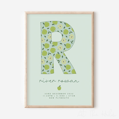 Apple Initial Birth Detail Keepsake Print - Green - At the Helm NZ