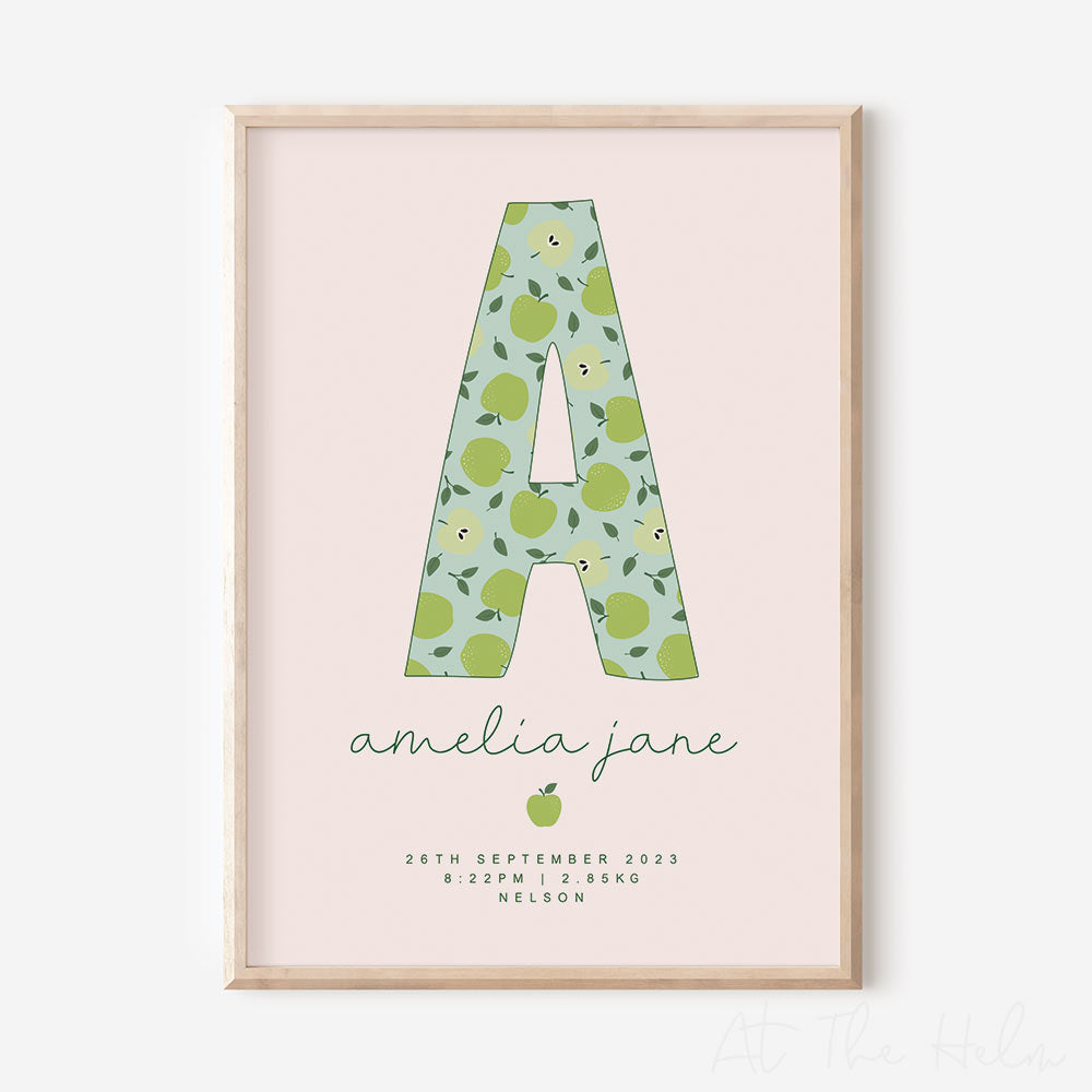 Apple Initial Birth Detail Keepsake Print - pink - At the Helm NZ