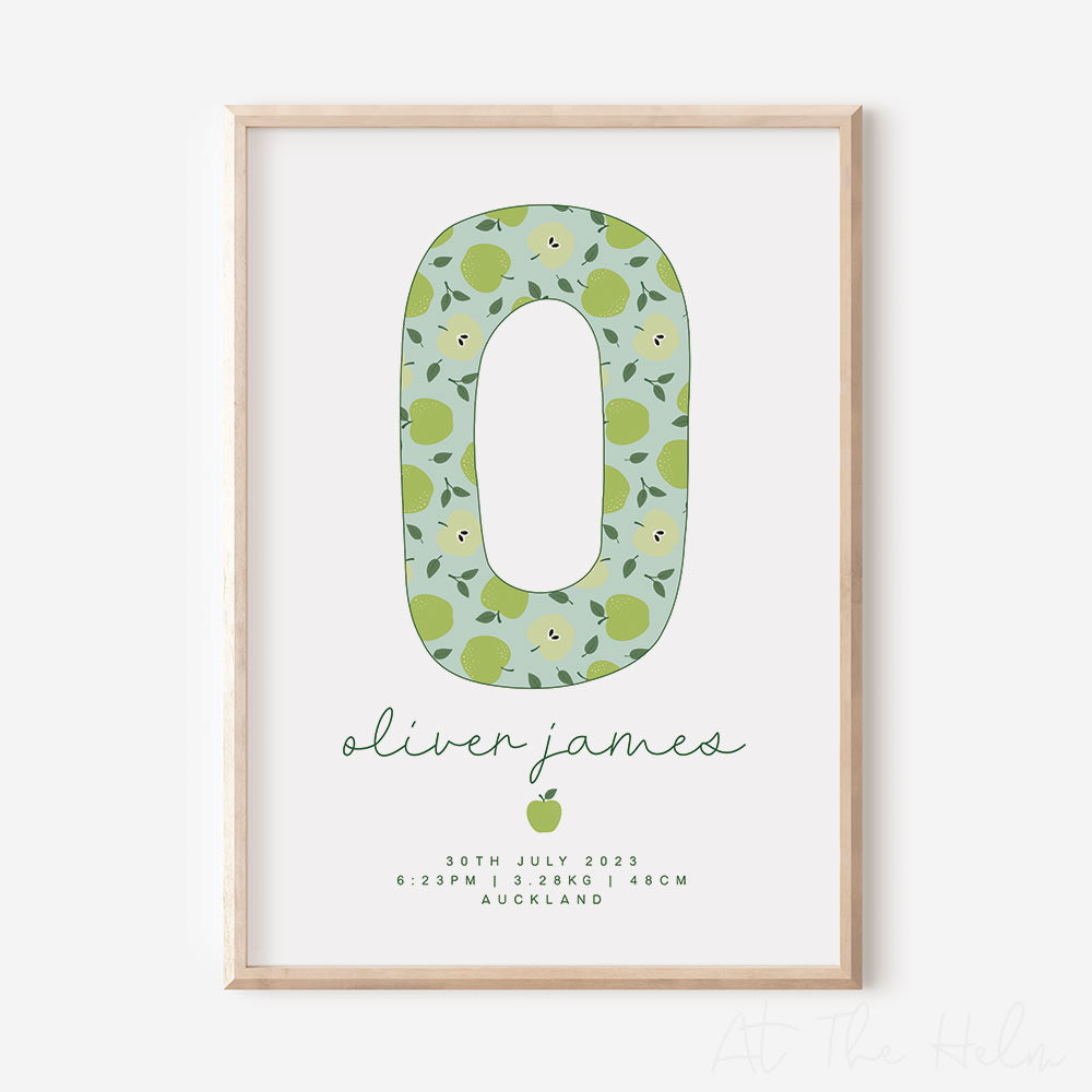 Apple Initial Birth Detail Keepsake Print - white - At the Helm NZ