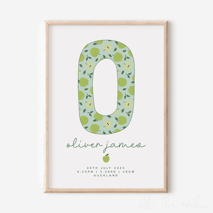 Apple Initial Birth Detail Keepsake Print - white - At the Helm NZ