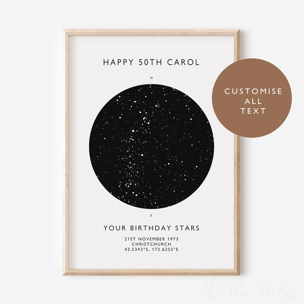 Map of the stars from a 50TH Birthday - Black Star Map Print - At The Helm NZ