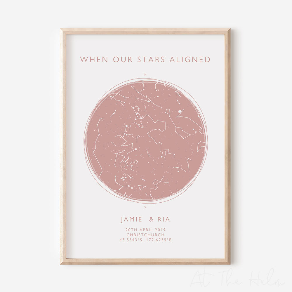 Map of the stars from a couples special day -Pink Star Map Print - At The Helm NZ