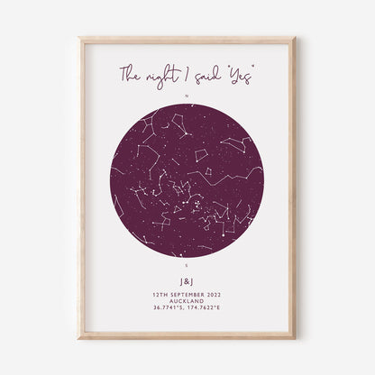 Map of the stars from a couples special day -Purple Star Map Print - At The Helm NZ