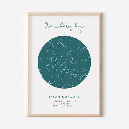 Map of the stars from a couples special day -Teal Star Map Print - At The Helm NZ