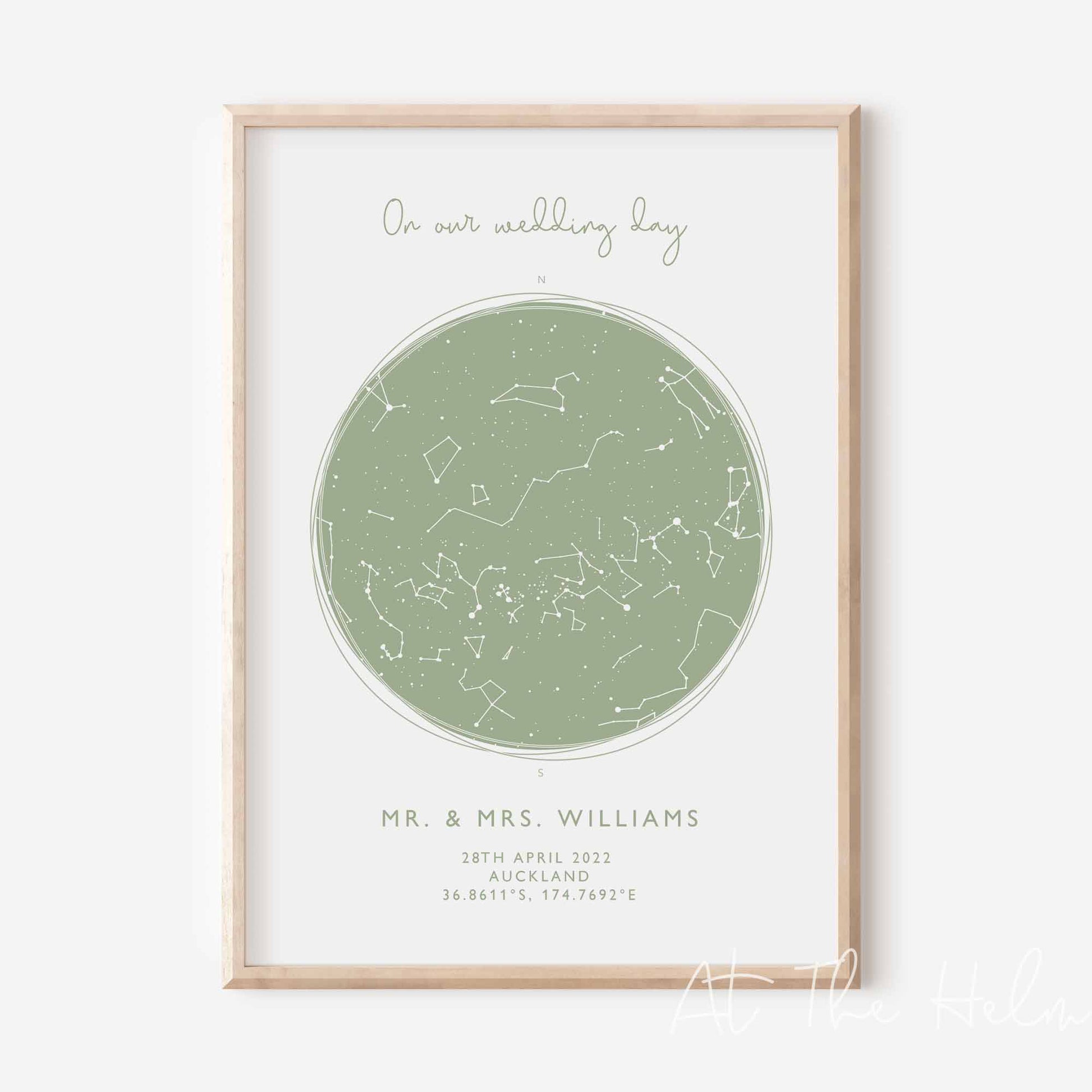 Map of the stars from a couples special day -Light Green Star Map Print - At The Helm NZ