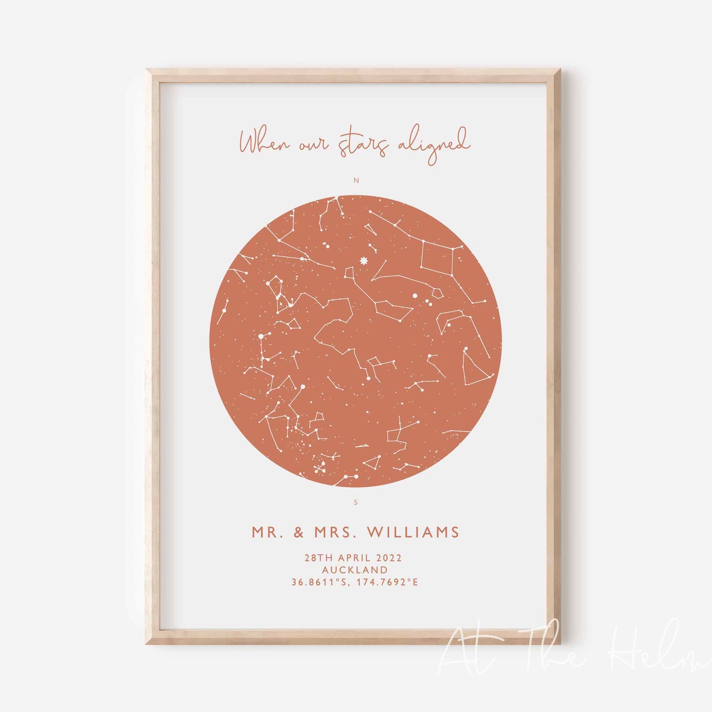 Map of the stars from a couples special day -Burnt Orange Map Print - At The Helm NZ