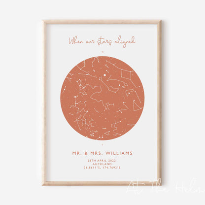 Map of the stars from a couples special day -Burnt Orange Map Print - At The Helm NZ