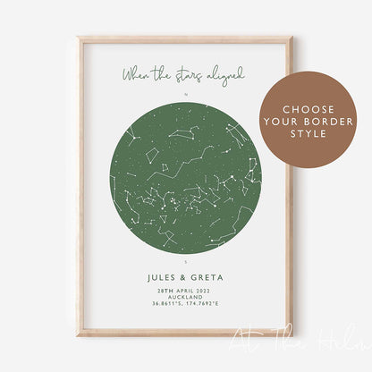 Map of the stars from a couples wedding day - Green Star Map Print - At The Helm NZ