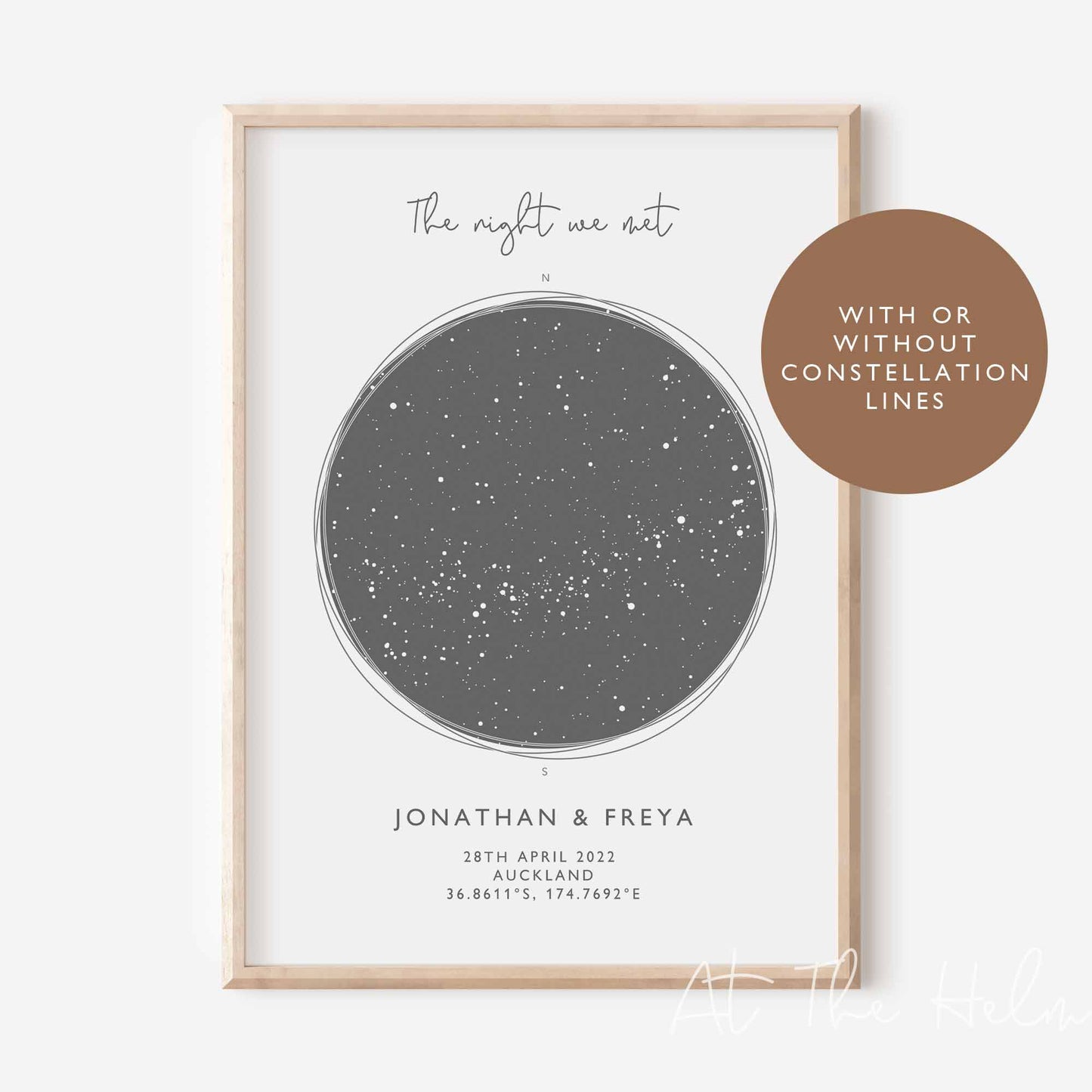 Map of the stars from a couples meeting date - Grey Star Map Print - At The Helm NZ