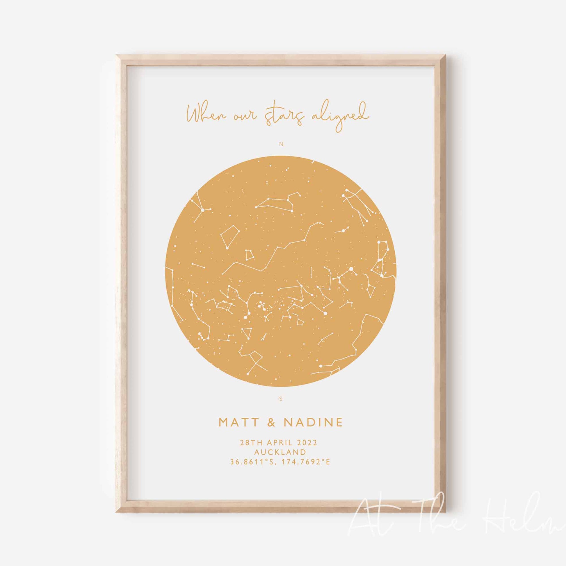 Map of the stars from a couples special day -Mustard Yellow Star Map Print - At The Helm NZ