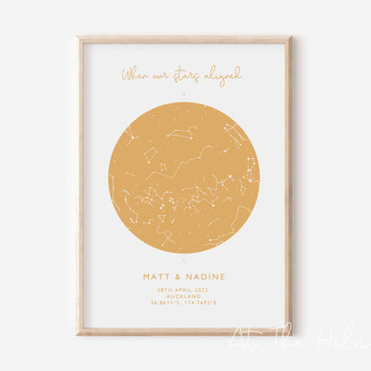 Map of the stars from a couples special day -Mustard Yellow Star Map Print - At The Helm NZ