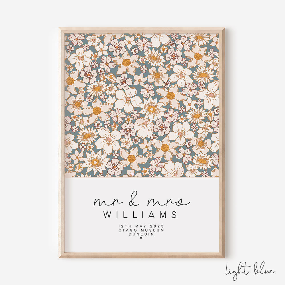 Floral Square Custom Mr & Mrs Wedding Print - light Blue - At The Helm